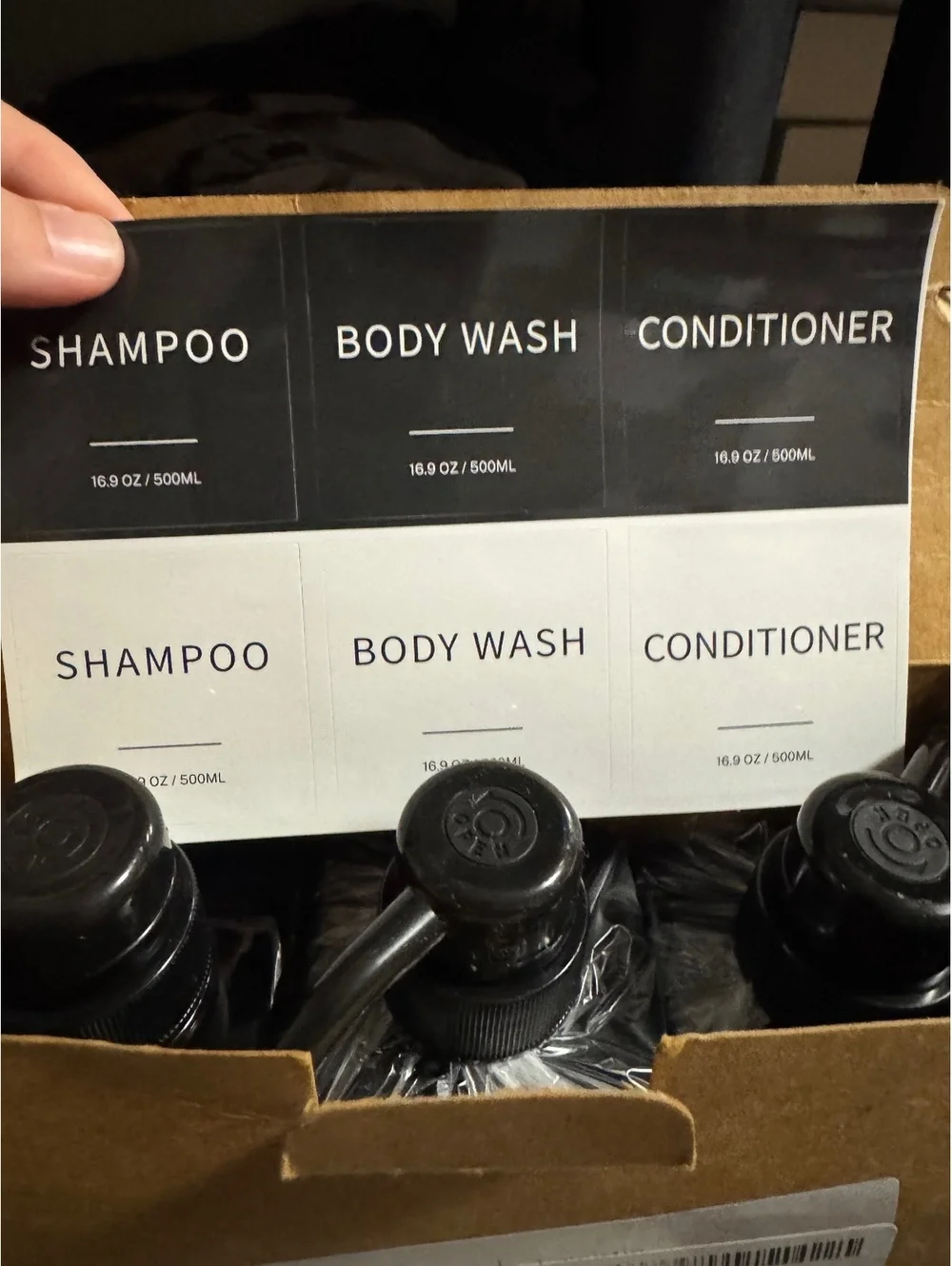 New Set of 3 Black Pump Bottles with Shampoo, Body Wash, and Conditioner Labels